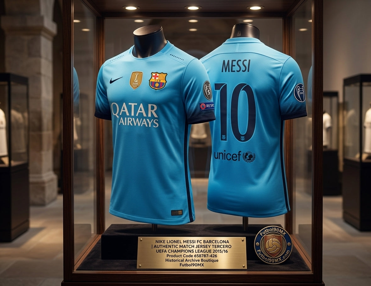 Exhibición estilo museo de la tercera equipación authentic match UEFA Champions League 2015/16 de Lionel Messi del FC Barcelona con la placa conmemorativa de la Historical Archive Boutique de Futbol90MX y el código 658787-426.