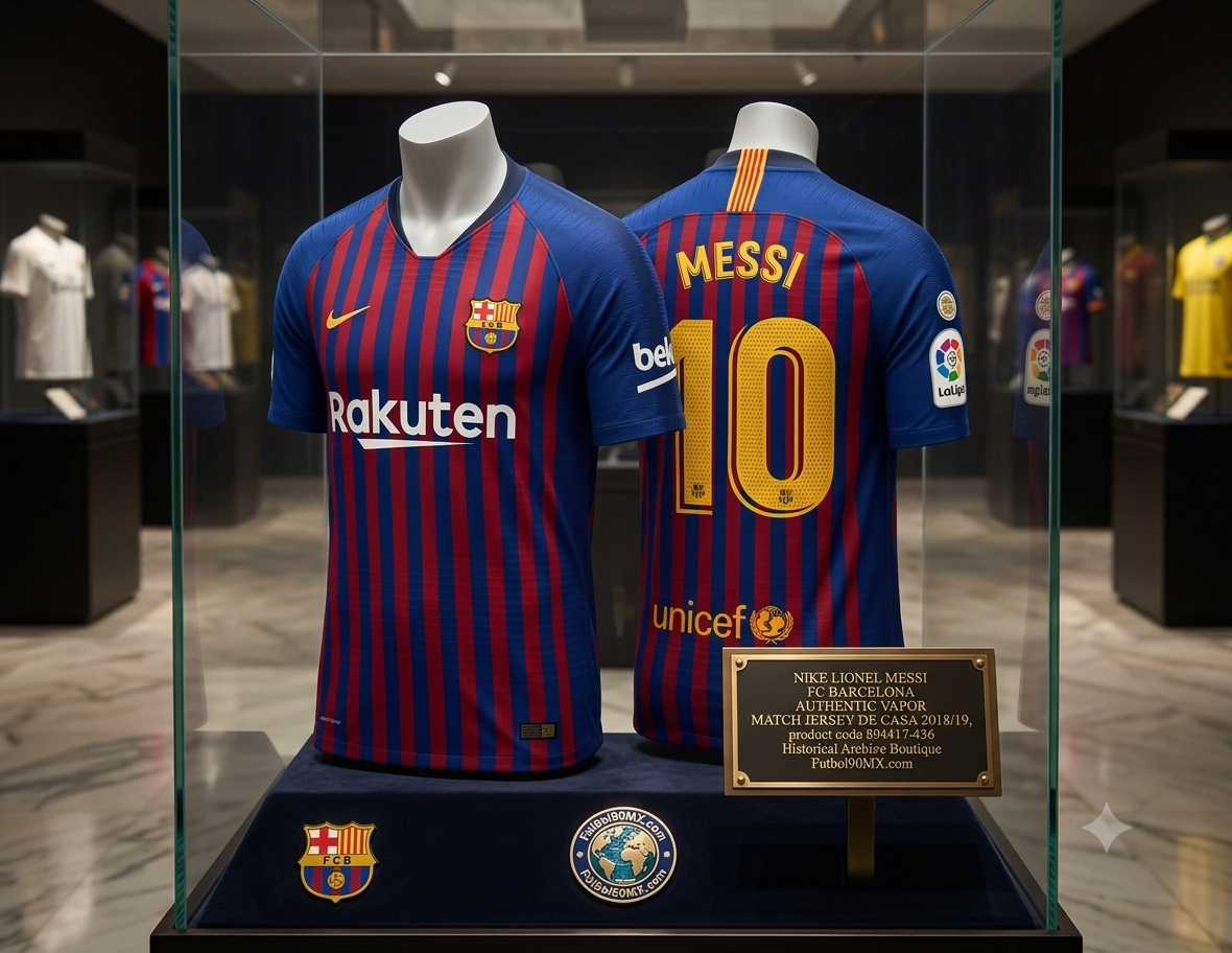 Jersey Nike Lionel Messi FC Barcelona Authentic Vapor Match Home 2018/19, codigo 894417-456, exhibido en una vitrina de museo de la Historical Archive Boutique de Futbol90MX