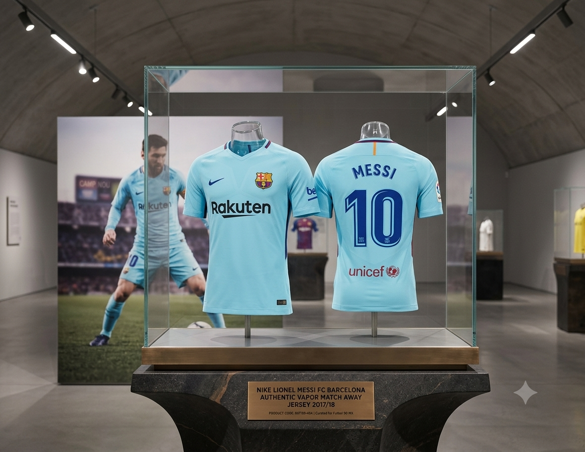 Jersey oficial Nike Vapor Match de Lionel Messi de FC Barcelona Visita 2017/18 presentado en exhibición de archivo boutique Futbol90MX, codigo 847189-484.