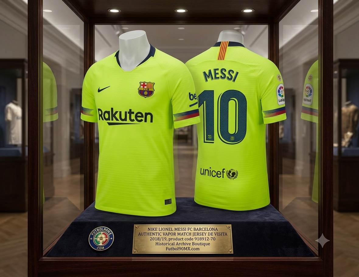 Jersey Nike Lionel Messi FC Barcelona Authentic Vapor Match Away 2018/19, codigo 918912-702,  exhibido en una vitrina de museo de la Historical Archive Boutique de Futbol90MX