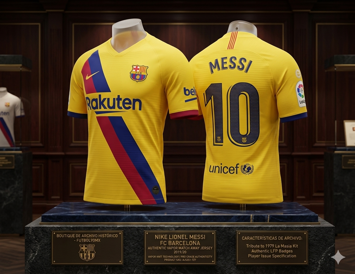 Jersey de colección Messi 2019-20 Away en pedestal de museo, activo de la Boutique de Archivo Histórico de Futbol90MX Nike AJ5256-728