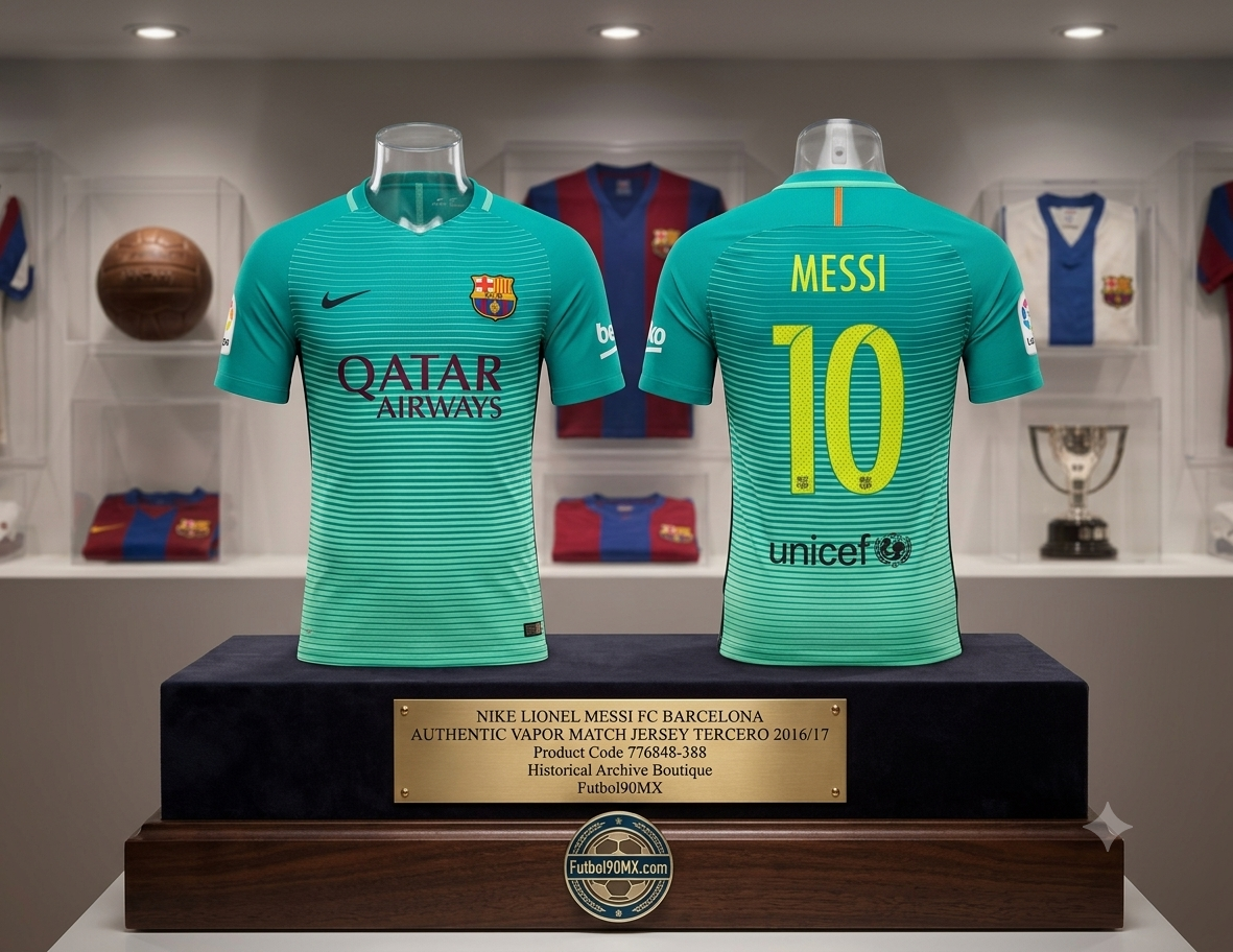 Exhibición de museo de élite para el jersey Nike Authentic Vapor Match Third del FC Barcelona de la temporada 2016/17 personalizado con Lionel Messi #10 (Ref. 776848-388) en vitrina de caoba con placa conmemorativa en Historical Archive Boutique Futbol90MX