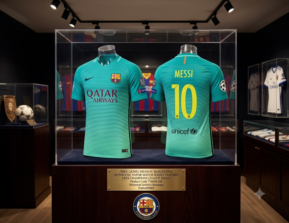 Exhibición de museo de élite para el jersey Nike Authentic Vapor Match Third de UEFA Champions League del FC Barcelona 2016/17 personalizado con Lionel Messi #10 y parches oficiales (Ref. 776848-388) en vitrina de caoba con placa en la Historical Archive Boutique Futbol90MX
