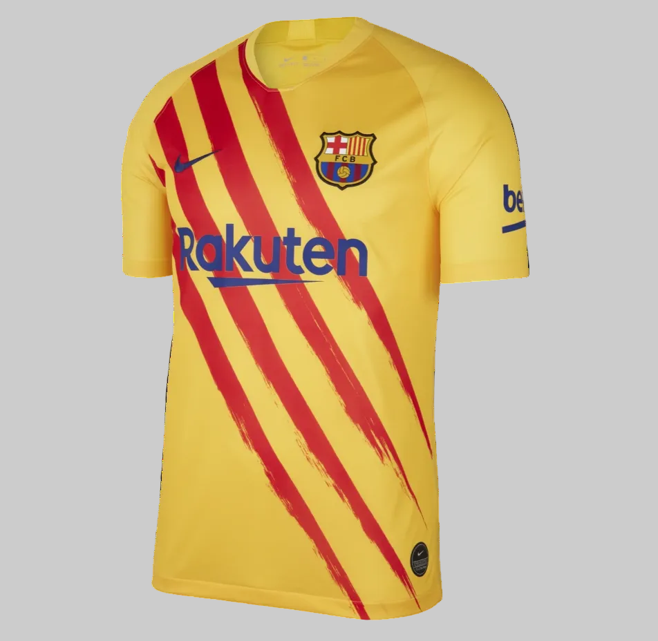 Frente del jersey Nike FC Barcelona Cuarto Kit 2019/20 con diseño de franjas Senyera tipo pincelada. Escudo bordado de alta densidad y logo Nike en contraste azul marino.