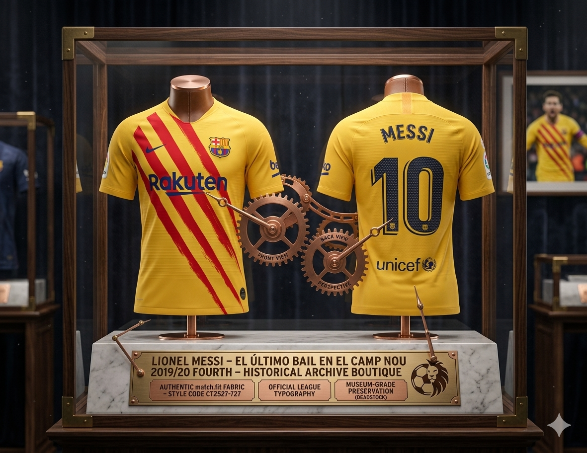Jersey Nike Lionel Messi FC Barcelona 2019/20 Fourth Senyera en vitrina de exhibición histórica. Edición de archivo CT2527-727 sobre pedestal de mármol con placa de autenticidad Futbol90MX.