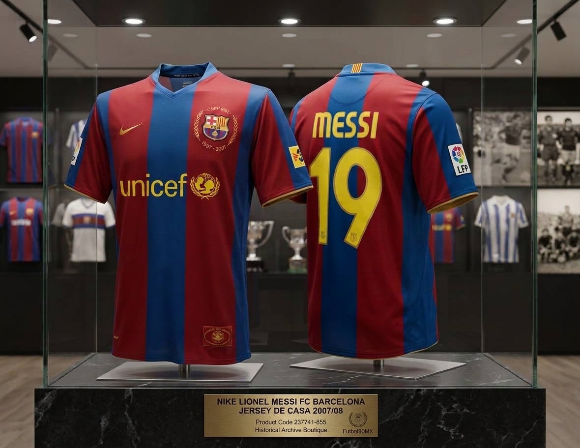 Exhibición museográfica dual frontal y posterior del jersey Nike Lionel Messi FC Barcelona de casa 2007/08 (Ref. 237741-655) en vitrina de archivo de la Historical Archive Boutique en Futbol90MX