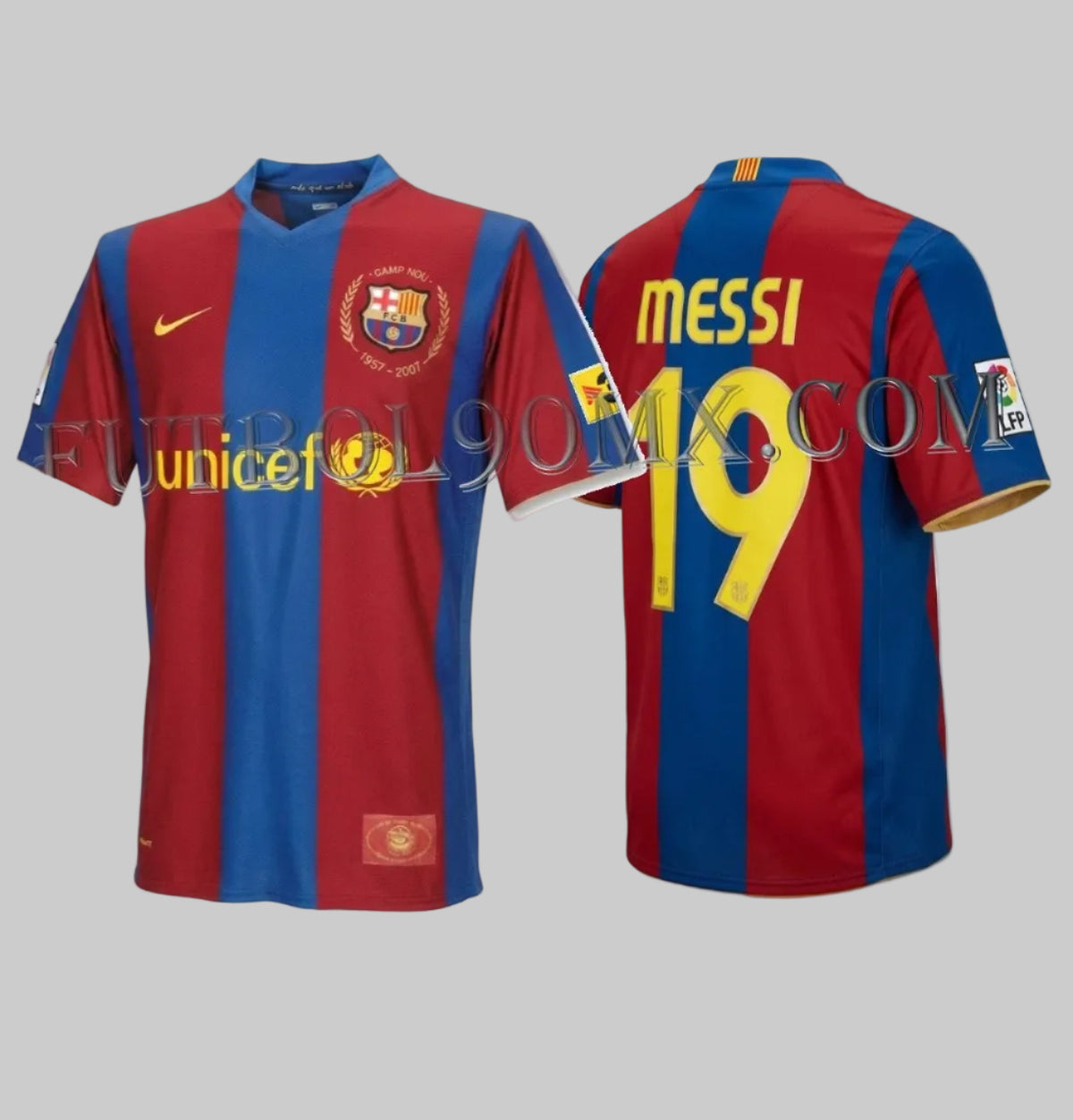 Vista frontal y posterior completa del jersey Nike Lionel Messi FC Barcelona 2007/08 (Ref. 237741-655) con el escudo 50 Aniversario del Camp Nou y dorsal #19 en Futbol90MX