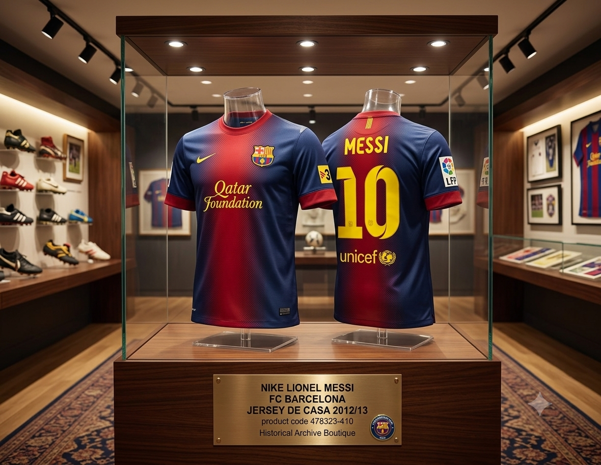 Exhibición de calidad de museo dentro de la Historical Archive Boutique de Futbol90MX con el jersey local Nike FC Barcelona 2012/13 (Ref. 478323-410) de Lionel Messi montado en maniquíes dentro de una vitrina iluminada.