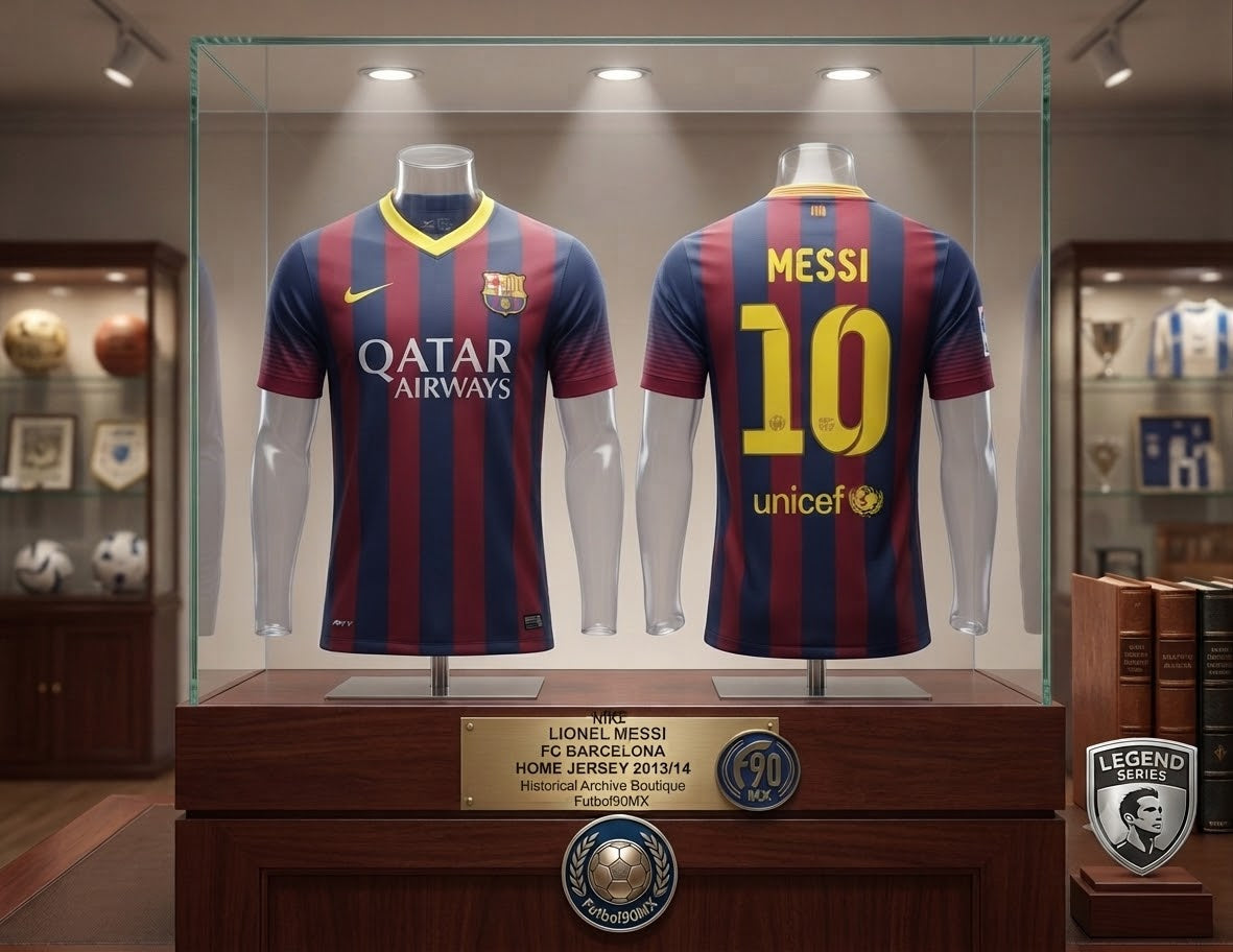 Vista de Museo del Jersey Nike Lionel Messi FC Barcelona 2013/14 (532822-413) expuesto en una vitrina museística de la Historical Archive Boutique en Futbol90MX, con placa de catalogación y sello institucional