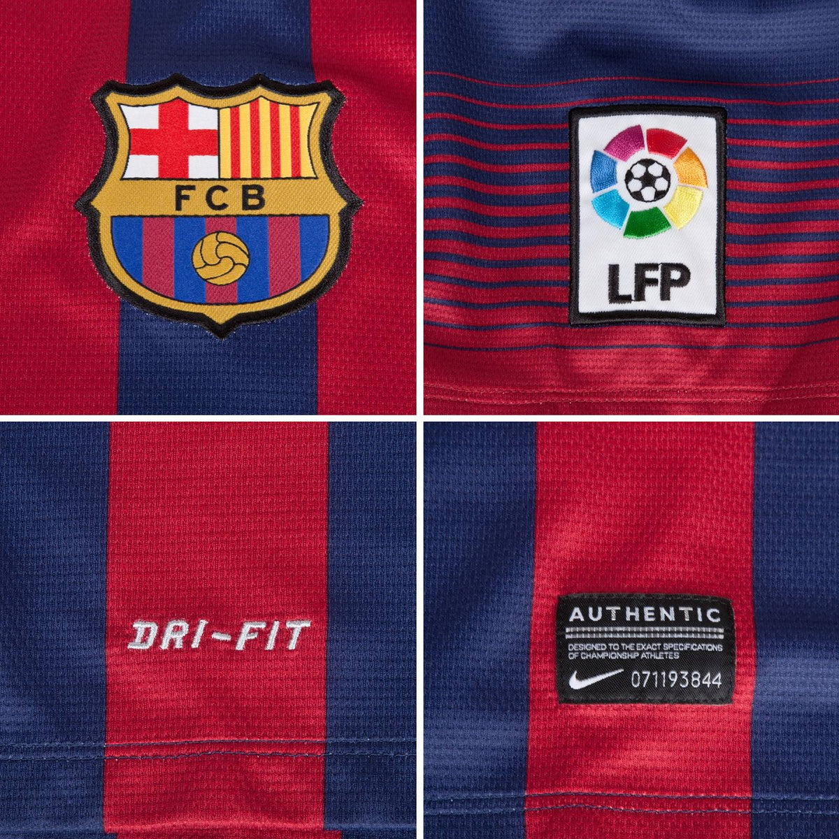 Composición de detalles del jersey Nike FC Barcelona 2013/14 de Messi en Futbol90MX, mostrando el escudo bordado, el parche oficial de La Liga, la tecnología Dri-FIT y la etiqueta de autenticidad (Ref. 532822-413)