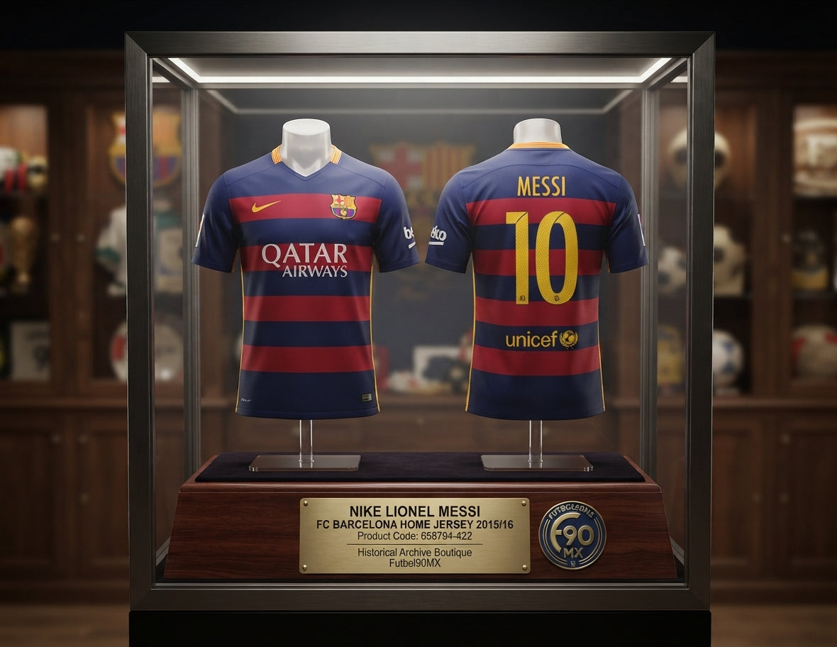 Vista de Museo del Jersey Nike Lionel Messi FC Barcelona 2015/16 (658794-422) exhibido en una vitrina museística de la Historical Archive Boutique en Futbol90MX, con placa descriptiva de catalogación y sello institucional
