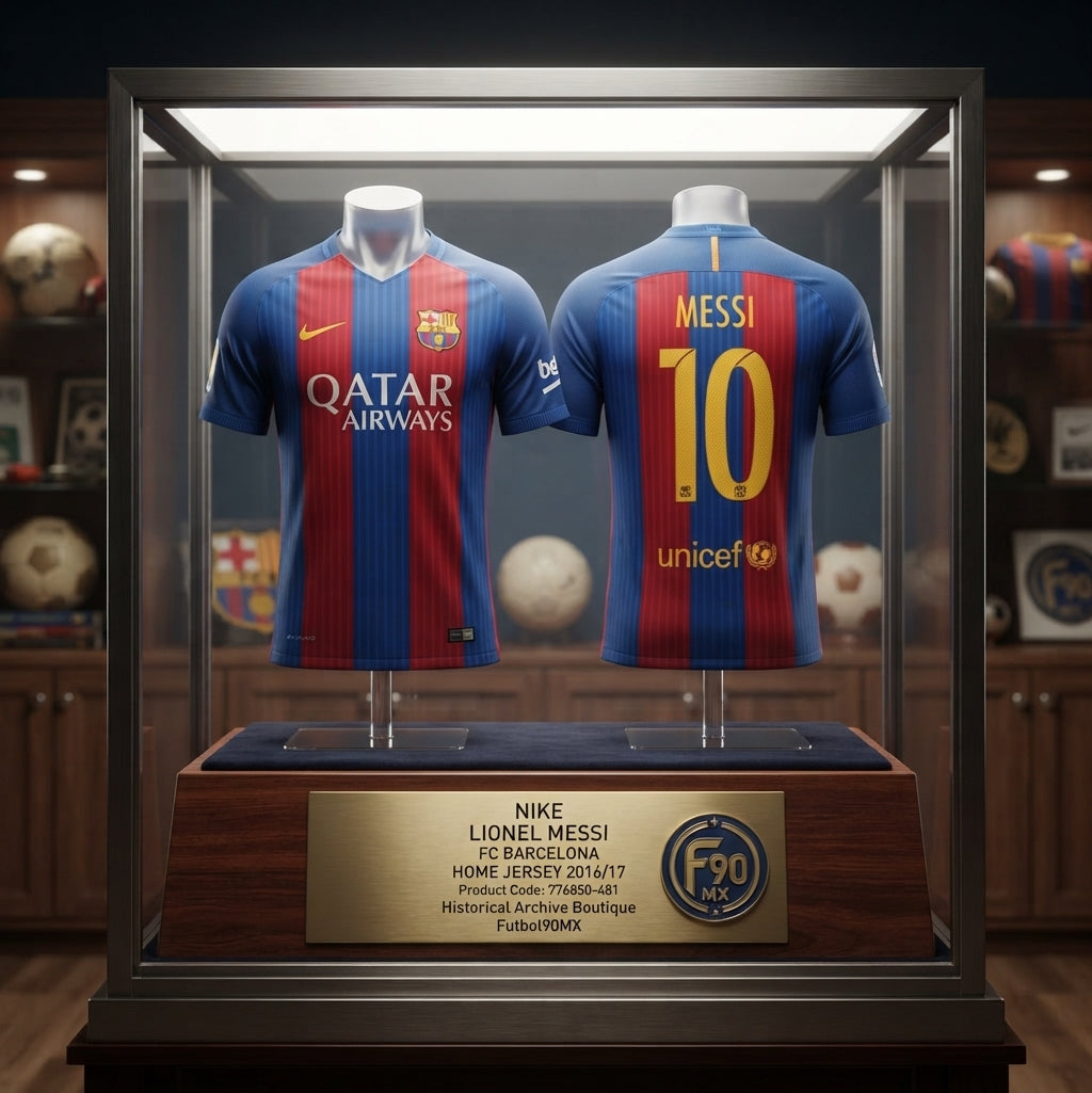 Vista de Museo del Jersey Nike Lionel Messi FC Barcelona de casa 2016/17 (Ref. 776850-481) exhibido en una vitrina museística de la Historical Archive Boutique en Futbol90MX, con placa de catalogación oficial