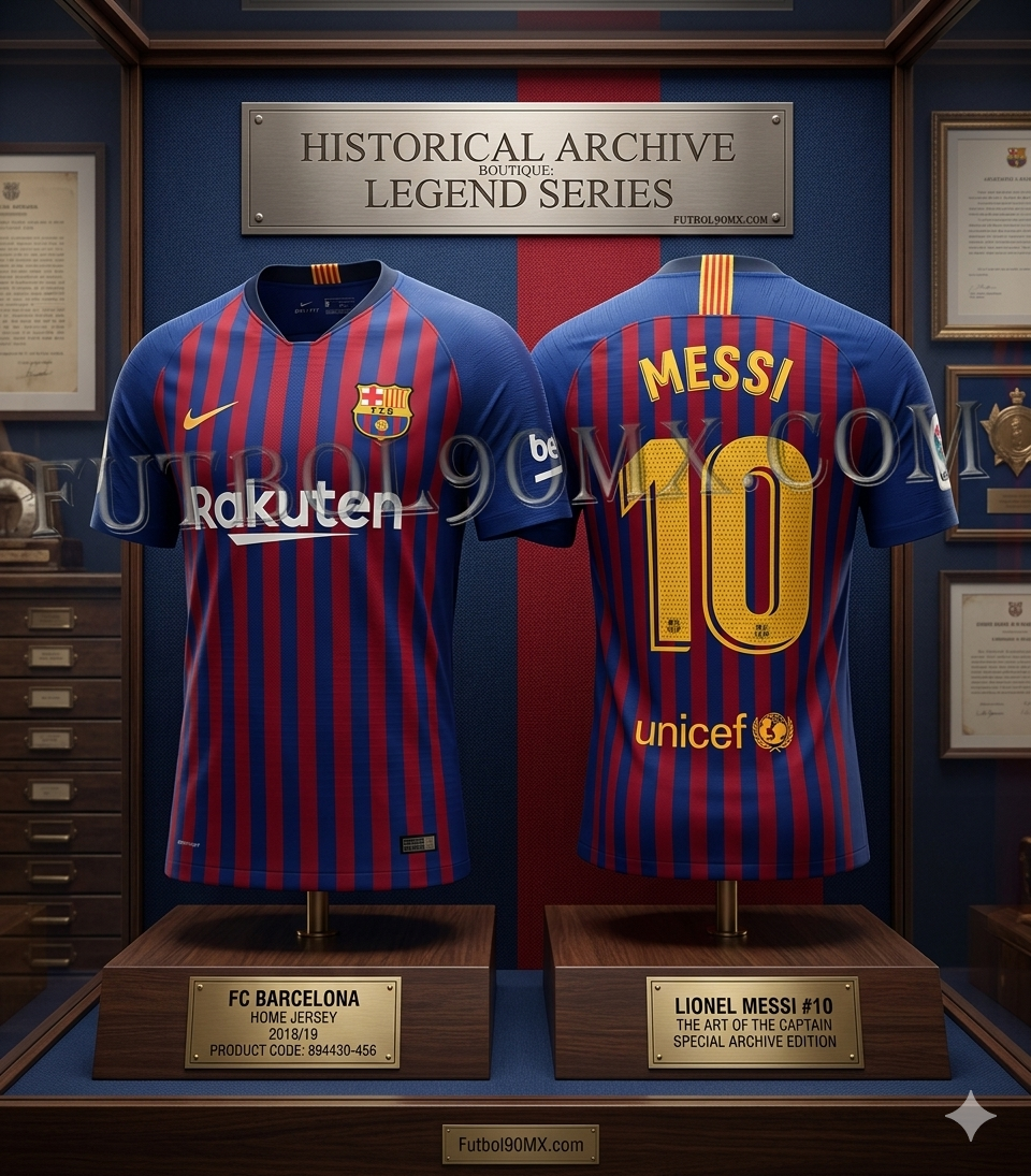 Gráfico promocional de Futbol90MX mostrando el jersey de Lionel Messi 2018/19 en una vitrina de museo con placa de 'Legend Series' y código de estilo 894430-456 visible.