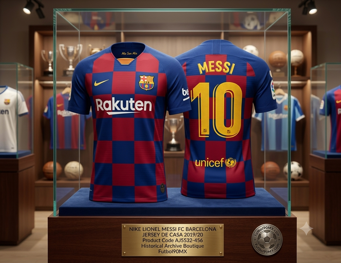 Exhibición de museo de élite para el jersey Nike local del FC Barcelona 2019/20 personalizado con Lionel Messi #10 y parche de LaLiga (Ref. AJ5532-456) en vitrina de caoba con placa en la Historical Archive Boutique Futbol90MX