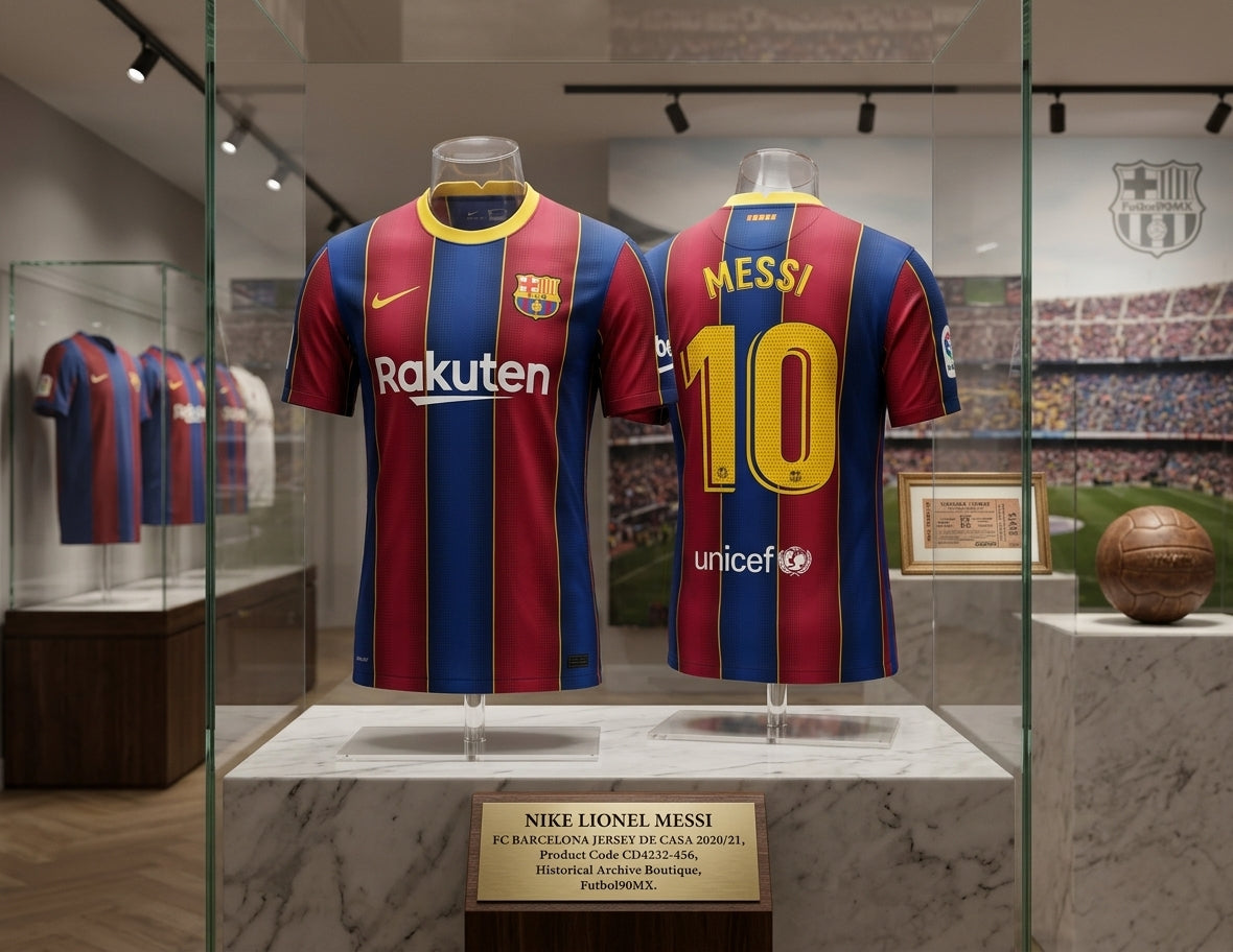 Exhibición museográfica dual frontal y posterior del jersey Nike Lionel Messi FC Barcelona de casa 2020/21 (Ref. CD4232-456) en vitrina de archivo de la Historical Archive Boutique de Futbol90MX