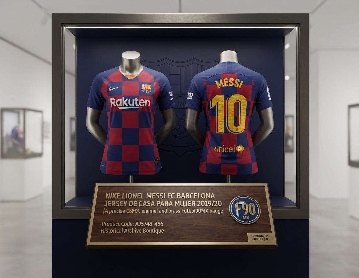 Vista de Exhibición de archivo museográfica de la camiseta Nike Lionel Messi FC Barcelona Local para Mujer 2019/20 (Ref. AJ5748-456) con placa e insignia en la Historical Archive Boutique de Futbol90MX