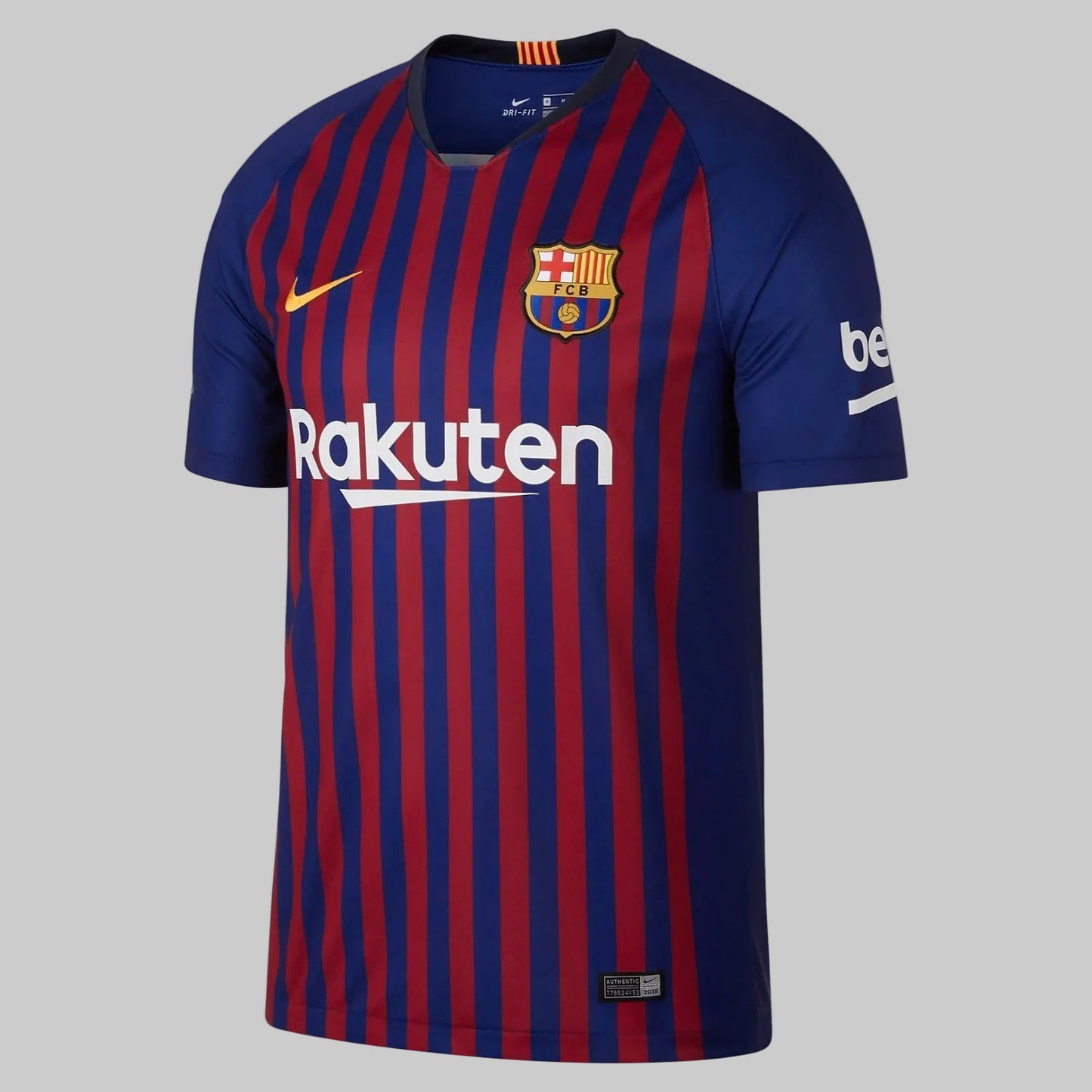 Jersey de local del FC Barcelona temporada 2018/19 versión Stadium, con el dorsal #10 de Lionel Messi y escudo del club bordado para la UEFA Champions League.