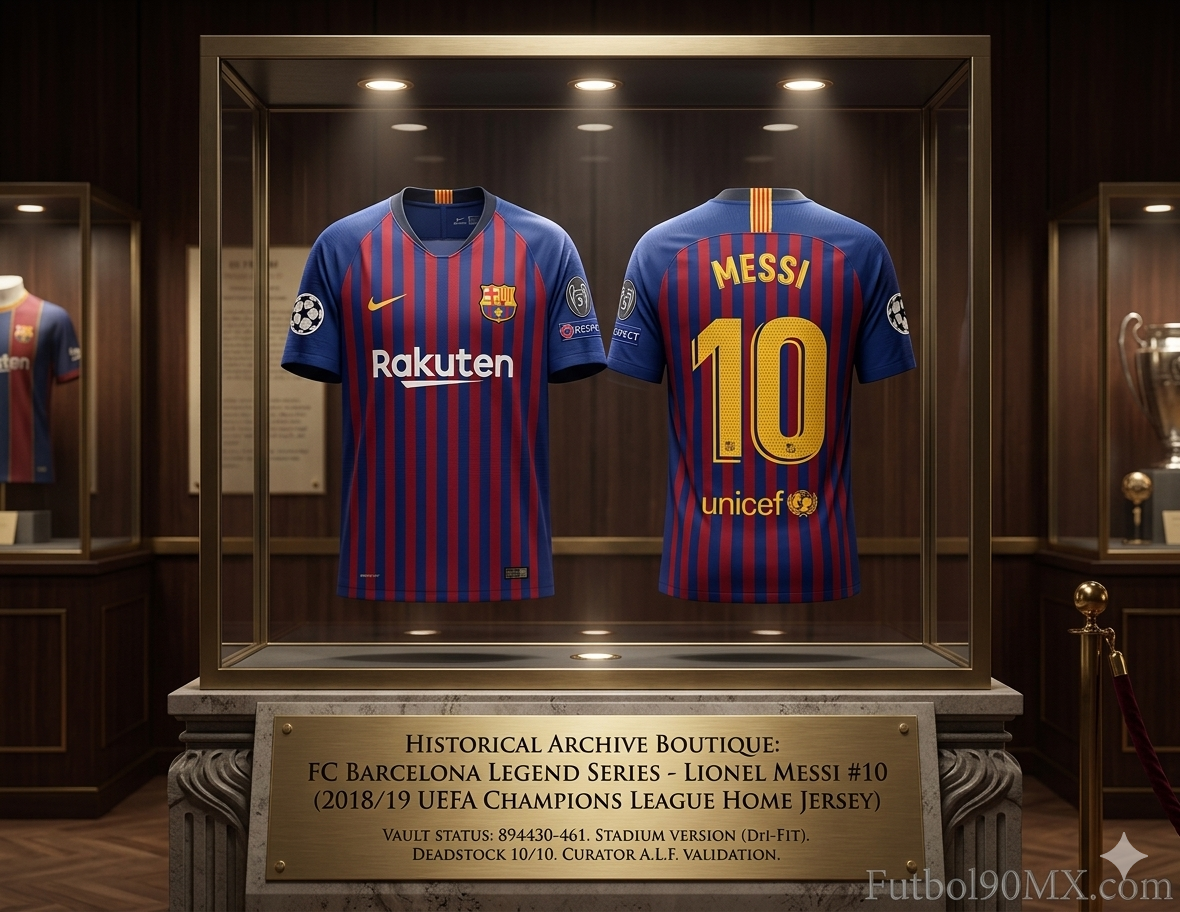 Imagen de exhibición profesional de la Historical Archive Boutique Futbol90MX presentando el jersey de Messi 2018/19 UCL como una pieza de inversión optimizada para el mercado de 2026, Nike 894430-461