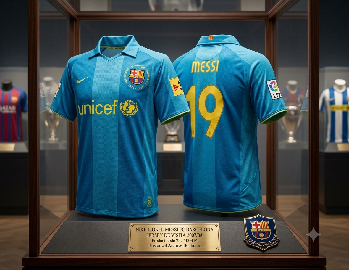 Exhibición de galería con calidad de museo que presenta la parte frontal y trasera del Nike Lionel Messi FC Barcelona Away Jersey 2007/08 (Código: 237743-414) dentro de una vitrina de archivo de vidrio iluminada en Historical Archive Boutique Futbol90MX.