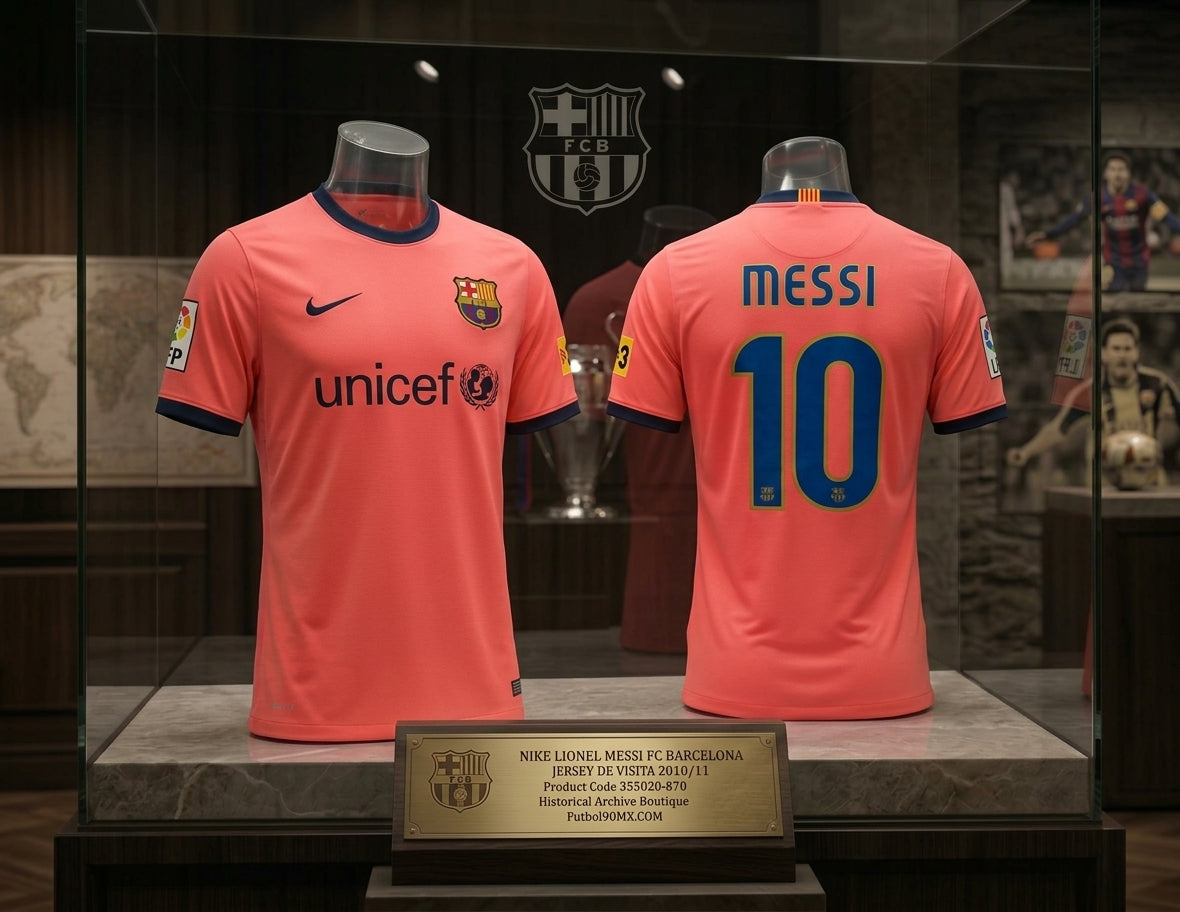 Exhibición museográfica en vitrina de la Historical Archive Boutique de Futbol90MX del jersey Nike Lionel Messi FC Barcelona de visita 2009/10 (Ref. 355020-870).