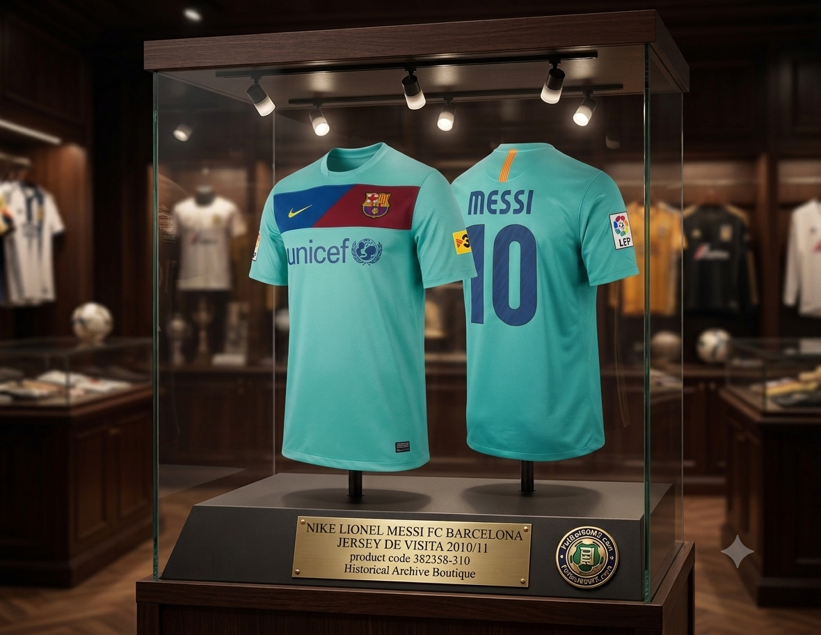 Una exhibición de museo presenta el jersey de visita del FC Barcelona 2010/11 de Lionel Messi (código 382358-310), con las vistas frontal y posterior una al lado de la otra en un maniquí doble dentro de una vitrina de madera y vidrio con iluminación de riel. Una placa de identificación de latón debajo detalla la pieza, y el entorno es una boutique de archivo histórica, Futbol90MX