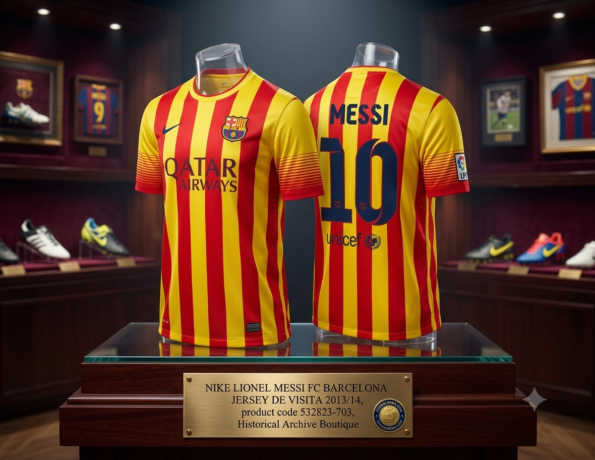 Exhibición de calidad de museo dentro de la Historical Archive Boutique de Futbol90MX con el jersey Nike FC Barcelona 2013/14 (Ref. 532823-703) de Lionel Messi montado en un maniquí de vitrina.