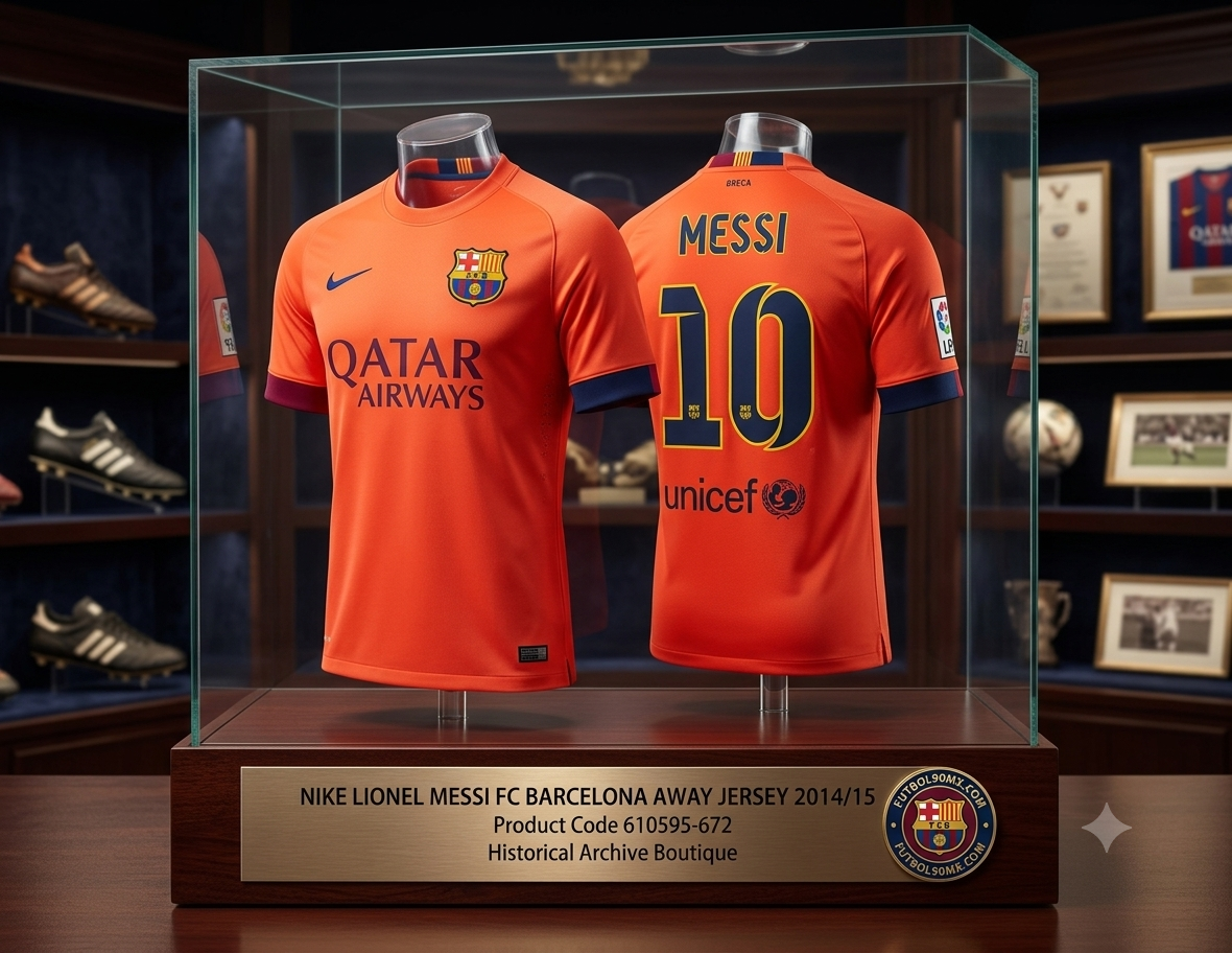 Vista con calidad de museo de una vitrina de archivo iluminada, que exhibe conjuntamente el frente y el reverso del jersey Nike FC Barcelona 2014/15 de Lionel Messi #10 sobre soportes de exhibición con una placa descriptiva dorada en la parte inferior, codigo 610595-672, en Historical Archive Boutique Futbol90MX