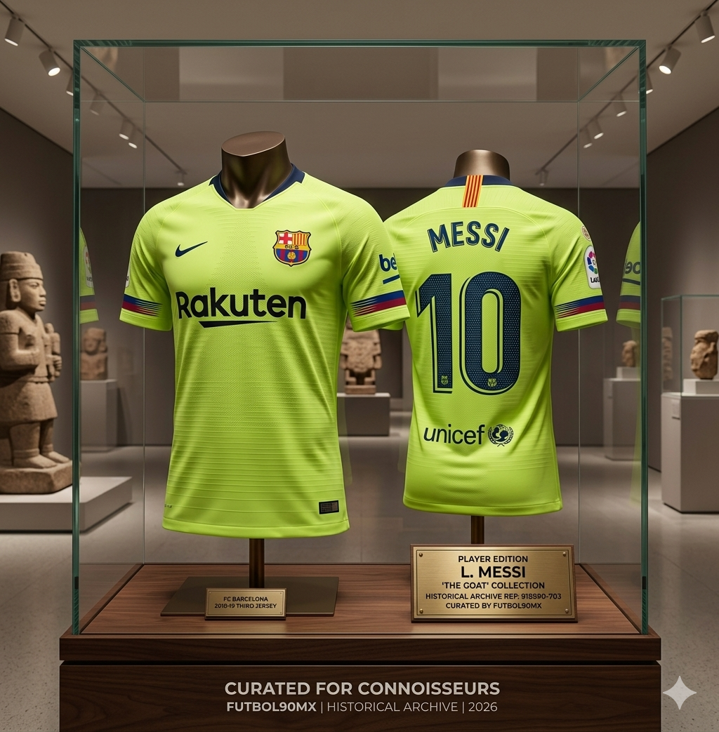 Una vitrina de cristal de museo exhibe el jersey Nike de visitante del FC Barcelona 2018-19 de Lionel Messi en color amarillo volt, mostrando el frente con el patrocinio de Rakuten y la espalda con el dorsal MESSI 10, acompañado de placas de archivo de colección en Futbol90MX, codigo 918990-703