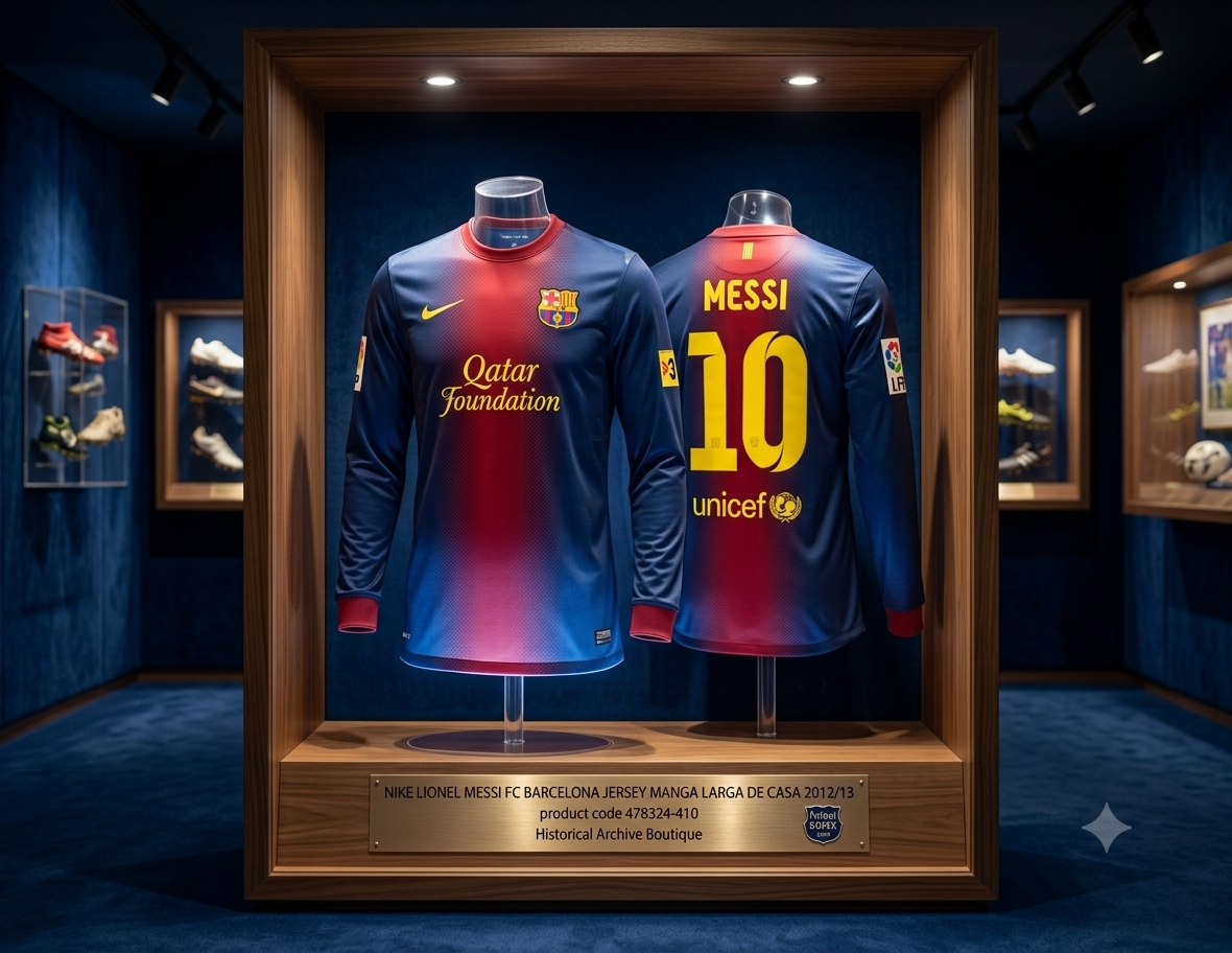Exhibición de calidad de museo dentro de la Historical Archive Boutique de Futbol90MX con el jersey local de manga larga Nike FC Barcelona 2012/13 (Ref. 478324-410) de Lionel Messi montado en maniquíes dentro de una vitrina iluminada.