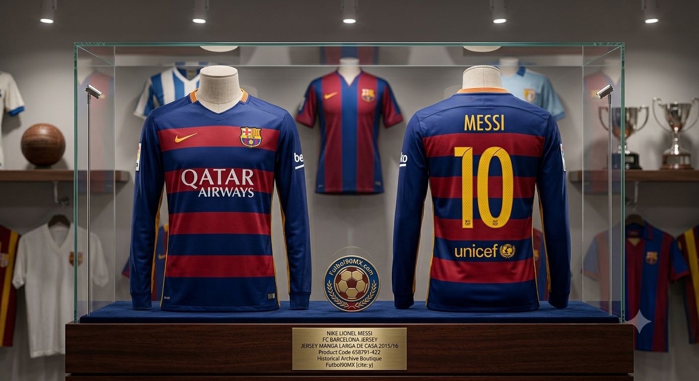 Exhibición de archivo de museo para el jersey Nike Local de manga larga del FC Barcelona 2015/16 de Lionel Messi #10 (Ref. 658791-422), con vistas frontal y dorsal, presentado en una vitrina de lujo con placa conmemorativa de la Historical Archive Boutique Futbol90MX