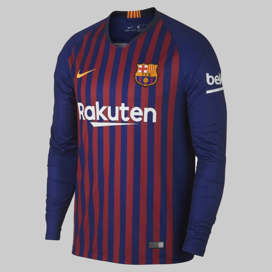 Jersey Nike FC Barcelona 2018-19 manga larga de Lionel Messi, diseño de 10 franjas simétricas y cuello en V.