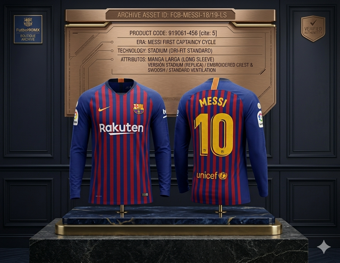 Jersey de colección Messi Barcelona 2018-19 manga larga en pedestal de museo, activo de archivo histórico de Futbol90MX Nike 919061-456