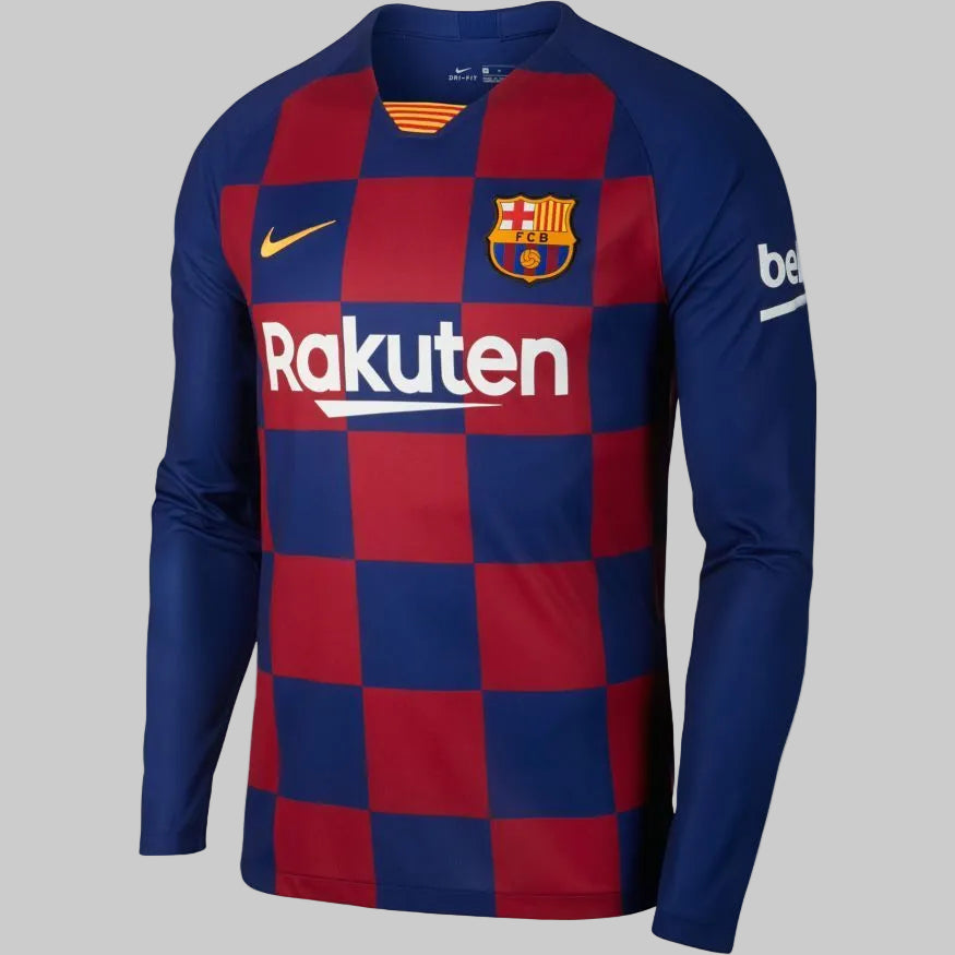Vista frontal de la camiseta de local de manga larga del FC Barcelona 2019/20 con la personalización de Lionel Messi #10 (Ref. AJ5673-457) en Futbol90MX
