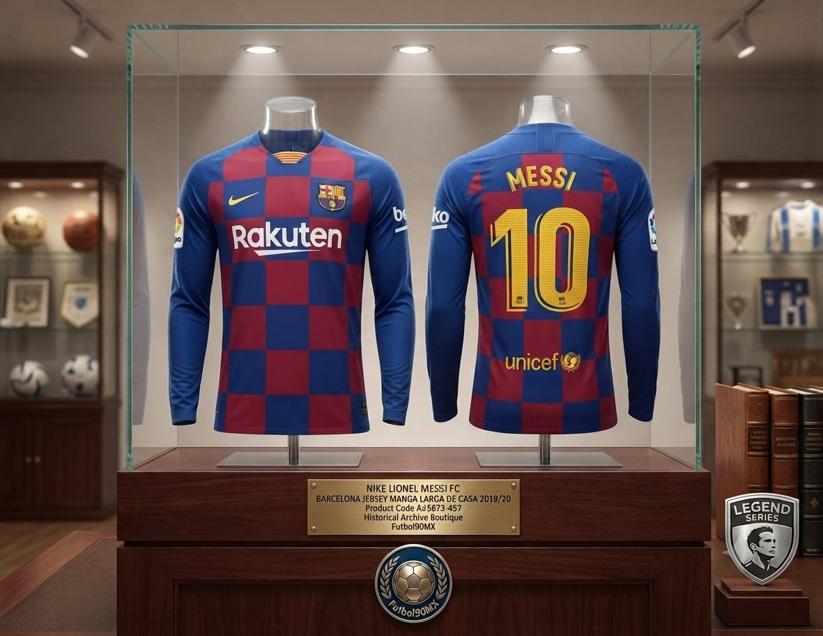 Vista de Museo del Jersey de manga larga local de Lionel Messi #10 del FC Barcelona 2019/20 exhibido bajo los estándares museísticos de la Historical Archive Boutique Futbol90MX