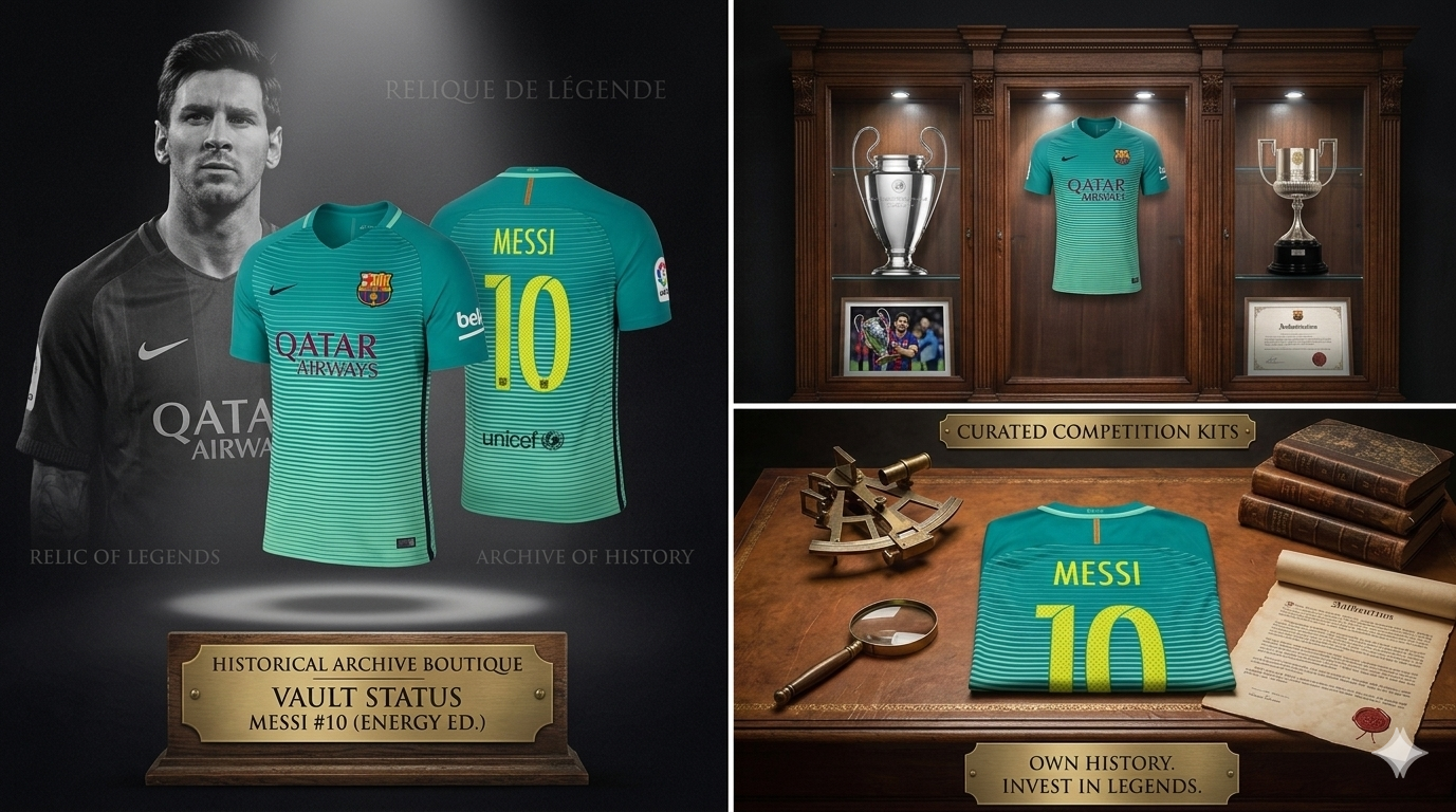 Imagen conceptual 'Vault Status' de la pieza de Lionel Messi 2016/17 presentada como una reliquia de leyenda en una vitrina de exhibición de lujo.