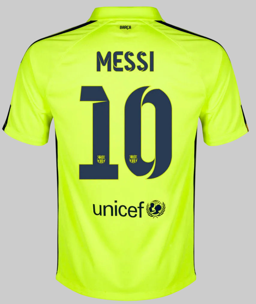 Vista posterior completa del jersey Nike Lionel Messi FC Barcelona tercero UEFA Champions League 2014/15 (Ref. 631192-711) con el nombre MESSI y el número 10 en Futbol90MX
