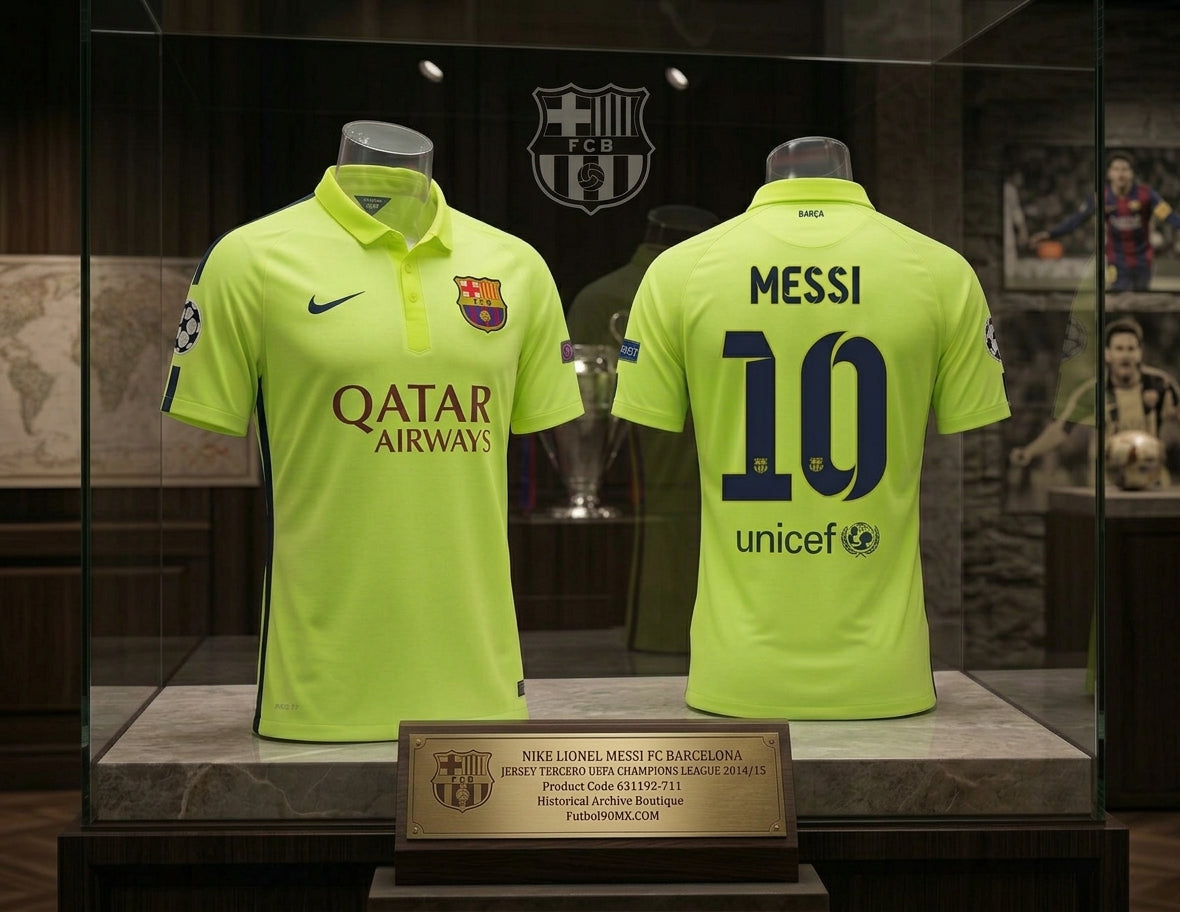 Exhibición museográfica en vitrina de la Historical Archive Boutique de Futbol90MX del jersey Nike Lionel Messi FC Barcelona tercero UEFA Champions League 2014/15 (Ref. 631192-711).
