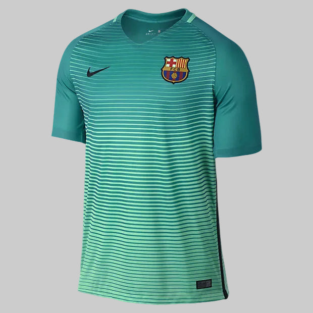 Jersey Nike FC Barcelona Tercer Uniforme 2016/17 Edición Champions League con personalización oficial de Lionel Messi #10 y parches aplicados.