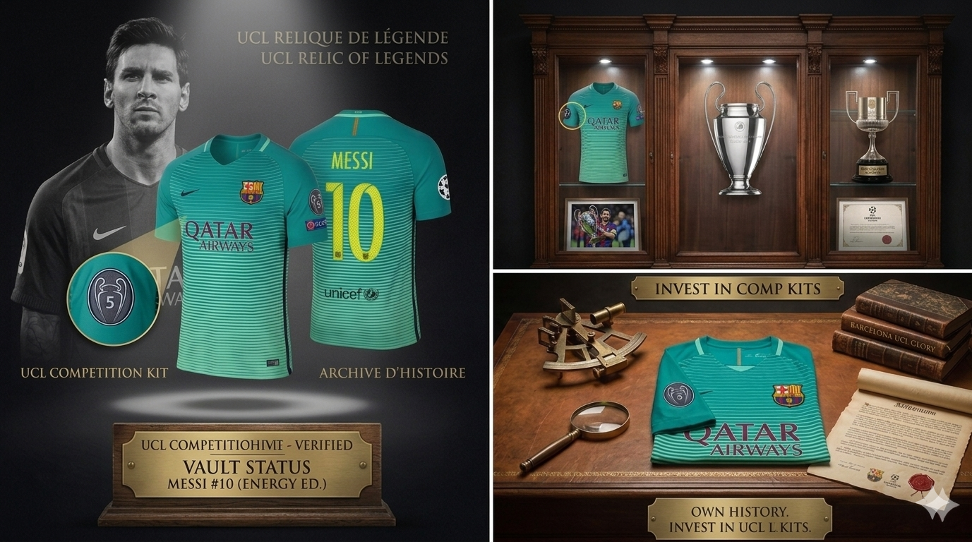 Imagen conceptual 'Vault Status' del jersey FC Barcelona 16/17 de Messi presentado como una reliquia histórica en vitrina de exhibición.