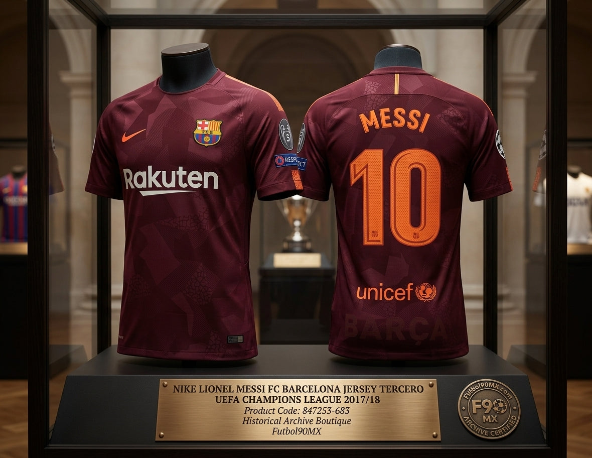 Exhibición estilo museo del jersey tercero UCL 2017/18 de Lionel Messi del FC Barcelona con la placa conmemorativa de la Historical Archive Boutique de Futbol90MX y el código 847253-683.