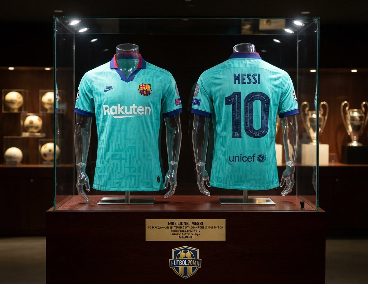Exhibición museística en vitrina con la camiseta Nike Lionel Messi FC Barcelona Tercero UEFA Champions League 2019/20 (Ref. AT0029-310) en la Historical Archive Boutique de Futbol90MX