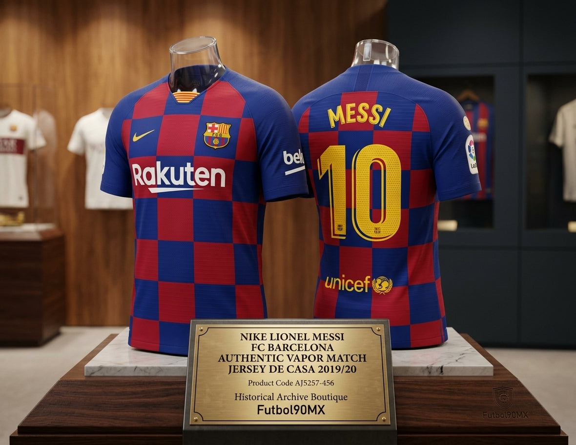 Exhibición museográfica del jersey Nike FC Barcelona Authentic Vapor Match Local 2019/20 Lionel Messi #10 (Ref. AJ5257-456) en vitrina iluminada de la Historical Archive Boutique de Futbol90MX.
