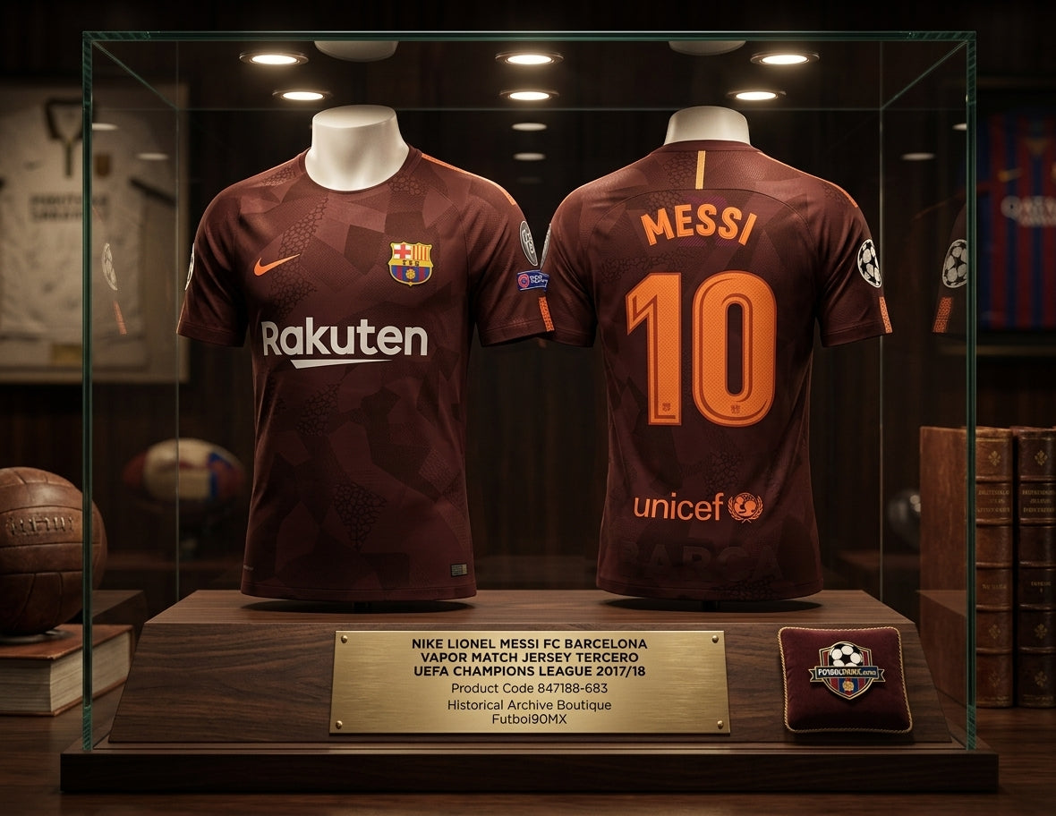 Exhibición estilo museo del Nike Lionel Messi FC Barcelona Vapor Match Third Jersey 2017/18 en vitrina iluminada con placa metálica oficial de la Historical Archive Boutique y sello de Futbol90MX (Código: 847188-683).