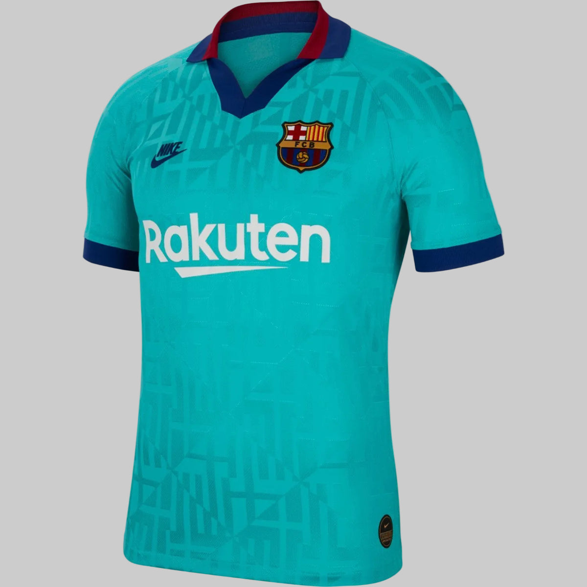 Vista frontal de la camiseta Nike Lionel Messi FC Barcelona Vapor Match Tercero UEFA Champions League 2019/20 (Ref. AR9343-310) con patrocinador Rakuten stock Futbol90MX