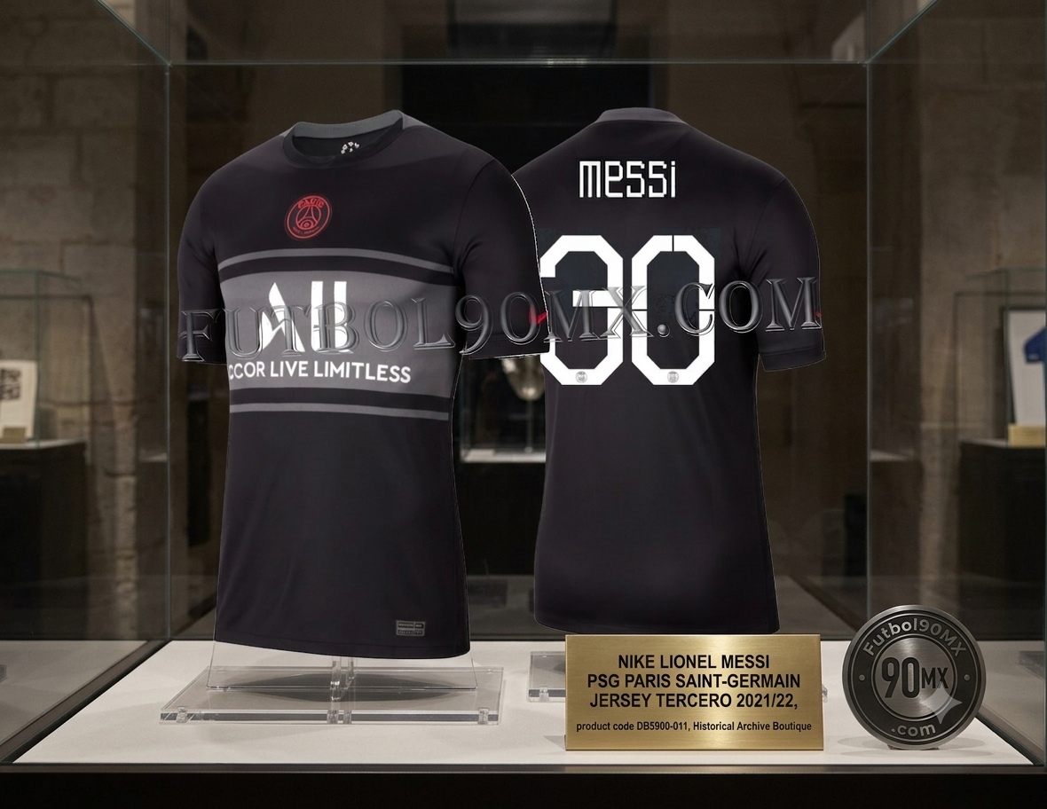 Exposición de lujo en vitrina museística mostrando el kit Third 2021/22 del PSG: a la izquierda la vista frontal y a la derecha la vista posterior con el dorsal de Messi, codigo DB5900-011, placa identificativa de la Historical Archive Boutique Futbol90MX