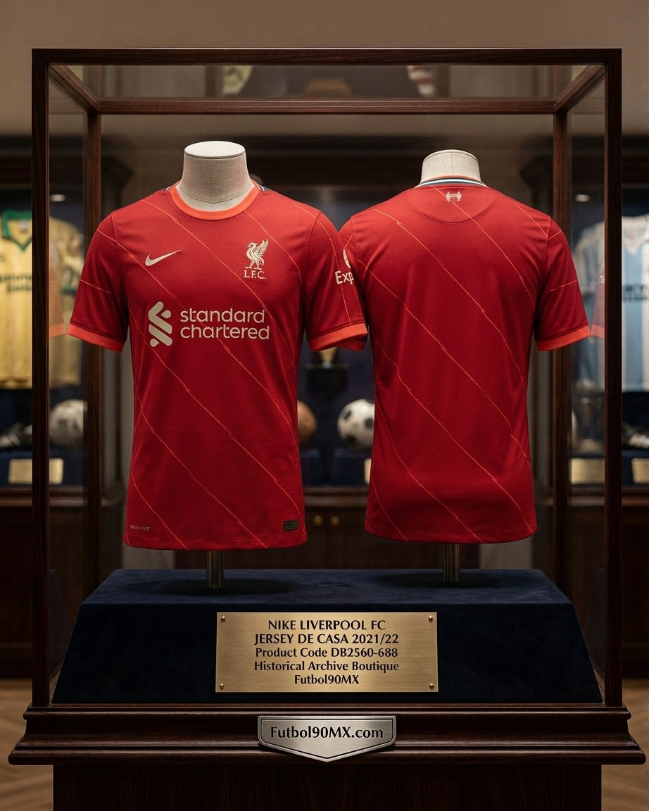 Exhibición de museo de nivel élite para el jersey Nike Stadium Local del Liverpool FC (Ref. DB2560-688) de la temporada 2021/22 en vitrina de caoba con placa conmemorativa en Historical Archive Boutique Futbol90MX.