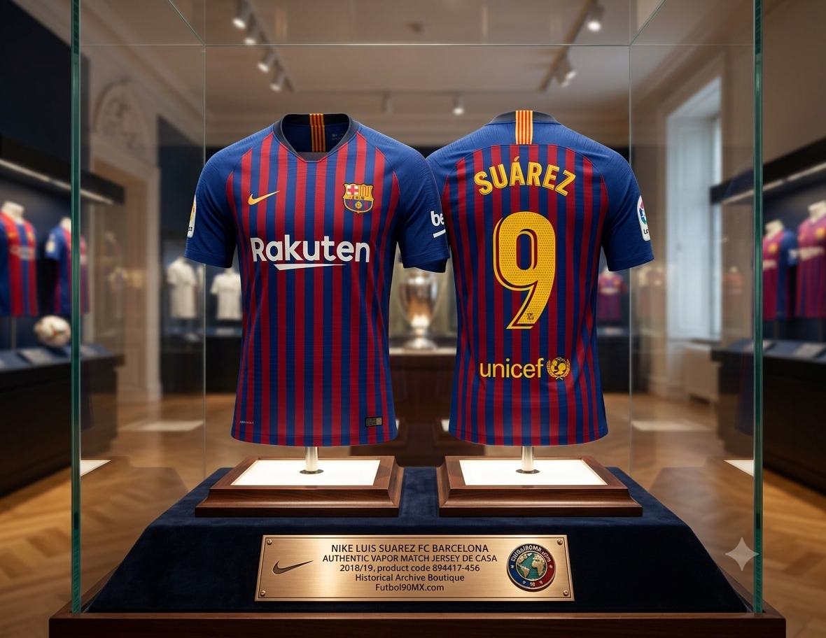 Jersey Nike Luis Suárez FC Barcelona Authentic Vapor Match Home 2018/19, codigo 894417-456,  exhibido en una vitrina de museo de la Historical Archive Boutique de Futbol90MX