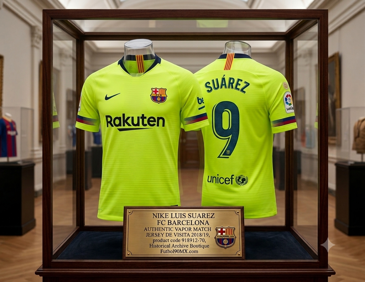 El jersey Nike FC Barcelona Authentic Vapor Match Away 2018/19 de Luis Suárez, codigo 918912-702, exhibido en una vitrina de museo de la Historical Archive Boutique de Futbol90MX.