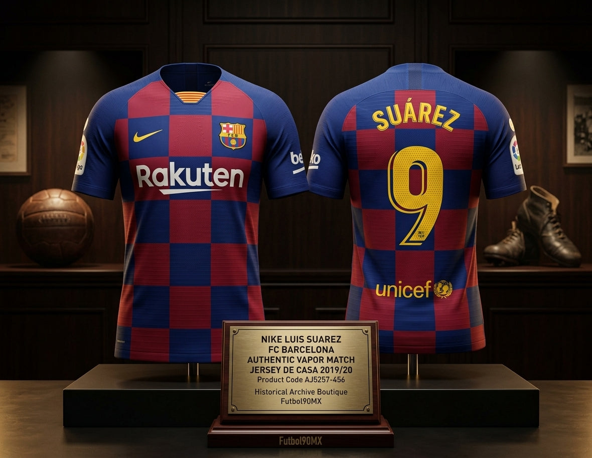 Exhibición museográfica del jersey Nike FC Barcelona Authentic Vapor Match Local 2019/20 Luis Suárez #9 (Ref. AJ5257-456) en vitrina iluminada de la Historical Archive Boutique de Futbol90MX