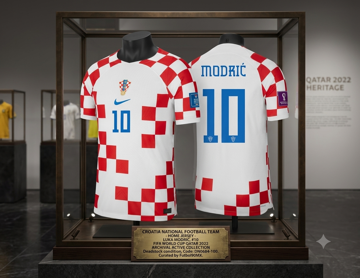Jersey Nike de local de Croacia Mundial 2022 de Luka Modrić montado en vitrina de museo con placa de identificación "Futbol90MX" y estado Deadstock certificado, codigo DN0684-100.